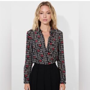 NWT Alice Olivia Willa The Beatles Placket Silk Shirt Blouse